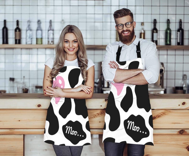 WONDERTIFY Heart Apron,Pink Heart on The Black and White Cow Skin Pattern Background Bib Apron with Adjustable Neck for Men Women,Suitable for Home Kitchen Cooking Waitress Chef Grill Bistro Apron - Image 2